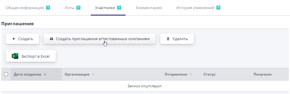 Кнопка «Создать приглашения аттестованным компаниям»